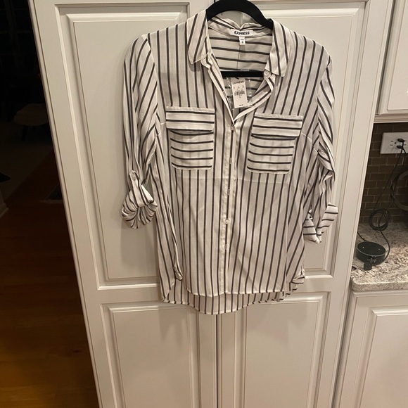 Express Tops - Express charcoal grey and White Striped Top